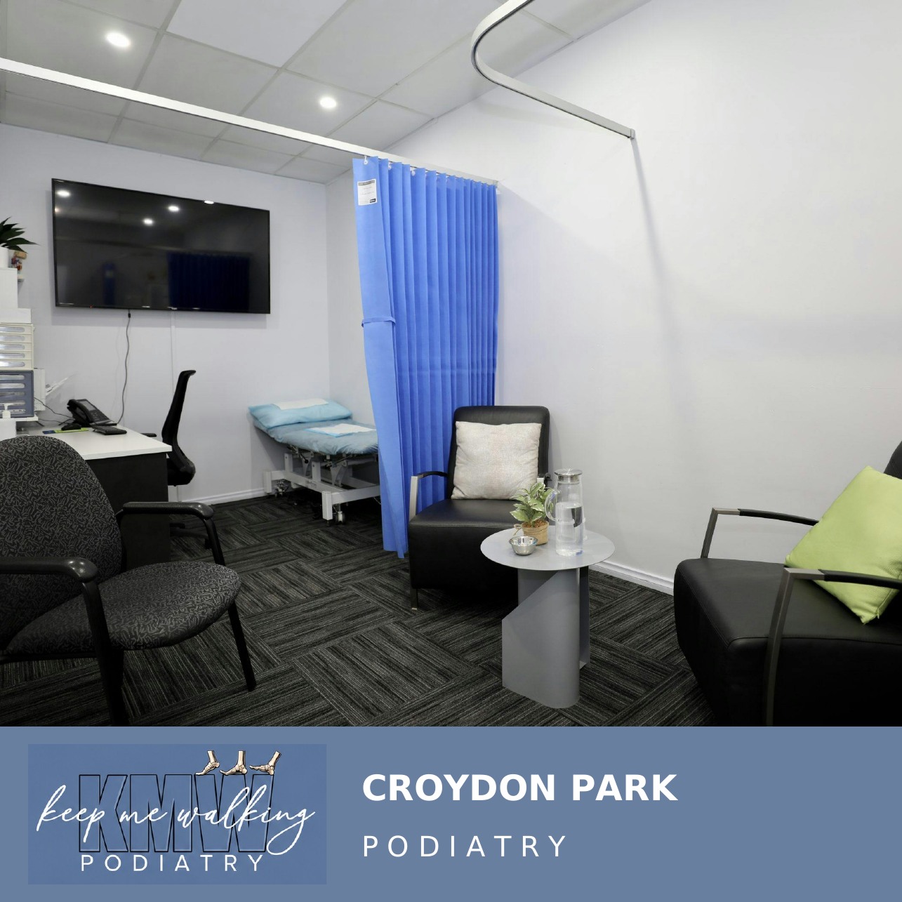 Consultation room at Generations Family Medical Practice, with KMW Podiatry Croydon Park branding