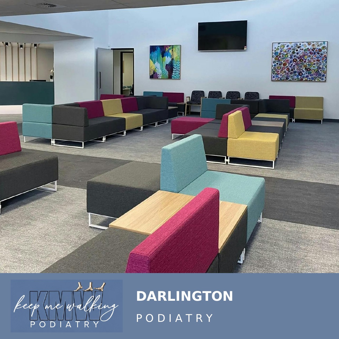 Darlington Medical Centre waiting area, with KMW Podiatry Darlington branding